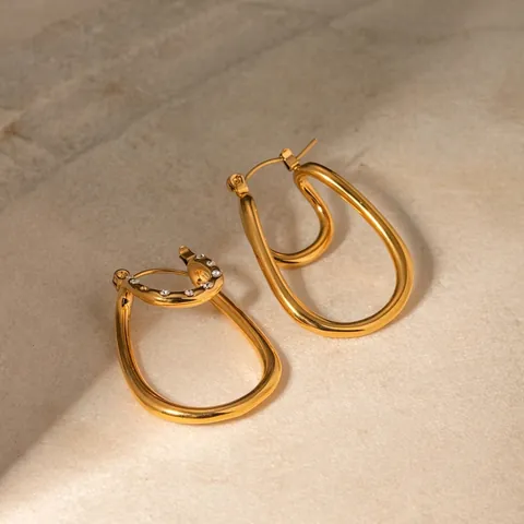 Orecchini Curvi A Doppio Strato Acciaio Inossidabile Placcato Oro 18K Strass Bianchi Geometrico Esagerato Gioielli Moda