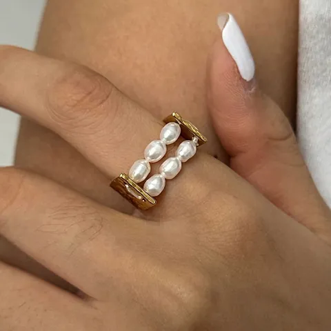 Double Row Artificial Pearl Ring Stainless Steel 18K Gold Plated Hammered Geometric Jewelry Elegant Fashion Accessory For Women