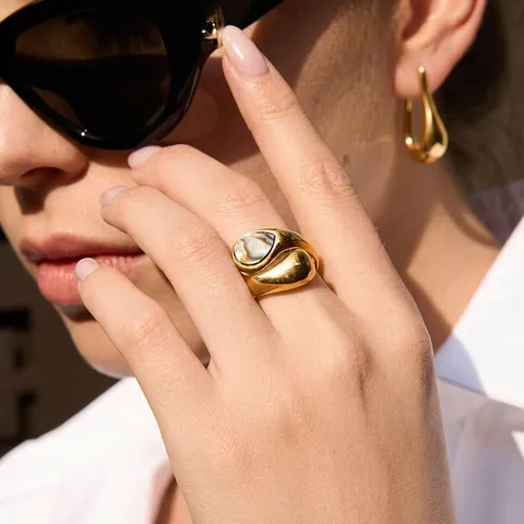 Pulsera Y Anillo De Gota De Agua Con Concha De Abulón Forma Orgánica Acero Inoxidable Chapado En Oro 18K Joyas Para Mujer