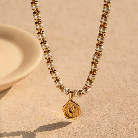 Fashion Artificial Pearl Stainless Steel Necklace 18K Gold Plated Irregular Coin Relief Pendant Elegant INS Style Jewelry For Women