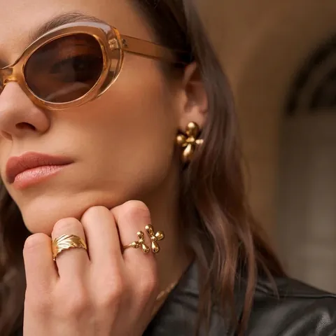 Gold Plated Stainless Steel Jewelry For Women Floral Clover Sun Moon Earrings Open Rings Fashion Hypoallergenic Accessory