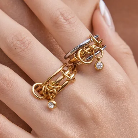 Stainless Steel Multi-Layered Interlinked Rings With Round Zircon Pendant Non-Fading Luxury Stackable Jewelry For Women