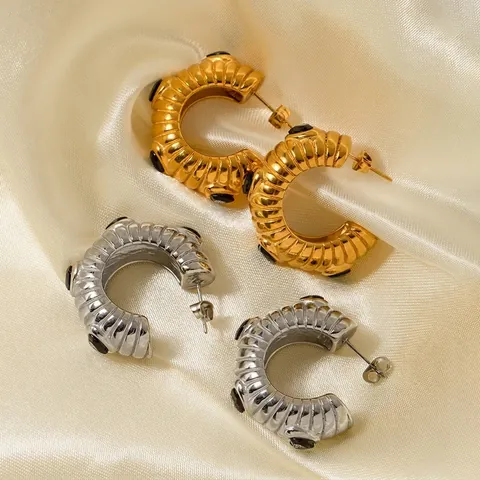 C-Förmige Creolen Edelstahl Croissant Gerippt Texturiert Schwarzer Zirkon Eingelegt Vergoldet Vintage Schmuck Für Damen