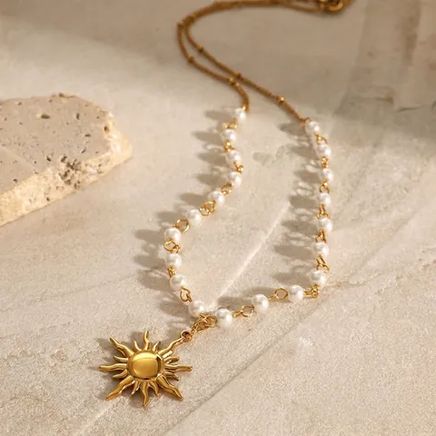 Collar De Perlas Artificiales Con Colgante De Sol Acero Inoxidable Chapado En Oro Estilo Vintage Francés Cadena De Clavícula Joyería