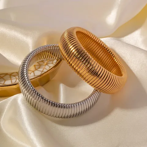 Bracciale Rigido Tubogas Nervato Largo Acciaio Inossidabile Elastico Flessibile Placcato Oro Minimalista Donne