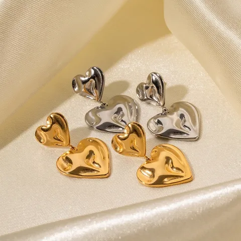 Hammered Heart Drop Earrings Stainless Steel 18K Gold Plated Double Heart Texture Geometric Fashion Jewelry For Women