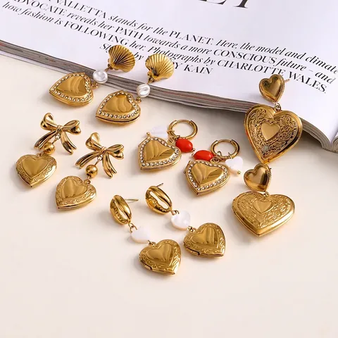 Orecchini A Medaglione Con Foto A Cuore Vintage Acciaio Inossidabile Strass Conchiglia Perla Artificial Gioielli Per Donne
