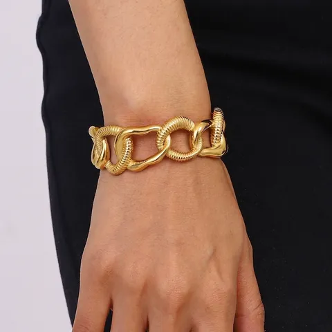 Brazalete Abierto De Acero Inoxidable Chapado En Oro Para Mujer Eslabones Gruesos Textura Espiral Joyería De Moda