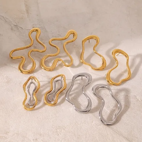 Boucles D'oreilles Géométriques Abstraites Ondulées Acier Inoxydable Imperméable Hypoallergénique Bijoux Style Métal Liquide Pour Femmes