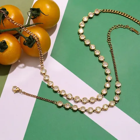 Collar Y Pulsera De Tenis De Acero Inoxidable Dorado Con Circonita Joyería Elegante Para Mujer Impermeable Hipoalergénico