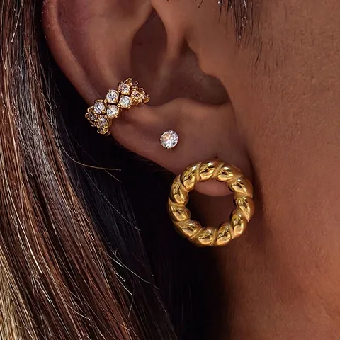 Geometric Round Hoop Earrings Stainless Steel Gold Twisted Zircon Studs Ear Cuffs Waterproof Fashion For Women
