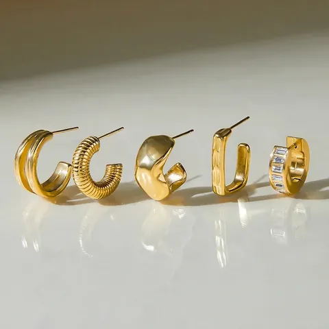 Stainless Steel Hoop Earrings Gold Plated Waterproof Hypoallergenic Geometric C Shaped CZ Inlaid Fashion Jewelry Women