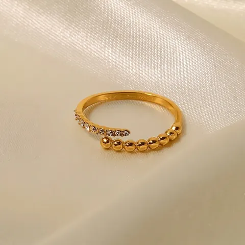Stainless Steel Gold Plated Open Ring With Rhinestones And Metal Beads Fashion Geometric Finger Jewelry For Women
