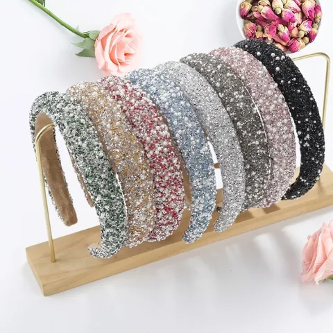 Luxury Rhinestone Faux Artificial Pearl Padded Headband For Women Sparkly High Top Sponge Hair Band Wedding Party Christmas Hair Accessories