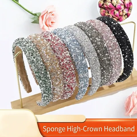 Luxury Rhinestone Faux Artificial Pearl Padded Headband For Women Sparkly High Top Sponge Hair Band Wedding Party Christmas Hair Accessories