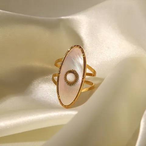 French Vintage 18K Gold Plated Stainless Steel Oval Mother of Pearl Ring Niche Design Adjustable Artificial Pearl Ring For Women