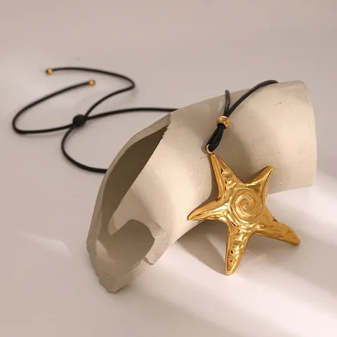 Collana Con Pendente Stella Marina Acciaio Inossidabile Placcato Oro 18K Retro Testurizzato Catena Corda Gioielli Donna