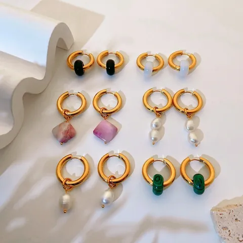 Orecchini a Cerchio in Acciaio Inossidabile Placcato Oro 18K per Donna Con Pendenti in Perla Artificiale E Pietra Gioielli