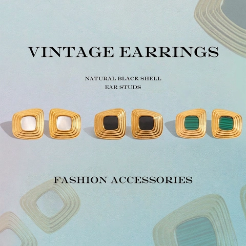 Vintage Square Stud Earrings For Women Stainless Steel Resin Shell Malachite Geometric Luxury Jewelry Hypoallergenic