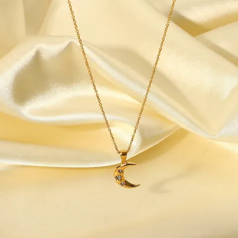 18K Gold Plated Stainless Steel Crescent Moon Pendant Necklace With Rhinestones Geometric Fashion Jewelry For Women