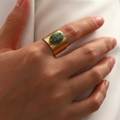 Anello Aperto Vintage In Acciaio Inossidabile Per Donna Placcato Oro Trama A Raggiera Turchese Africano Intarsiato Gioielli Bohemian