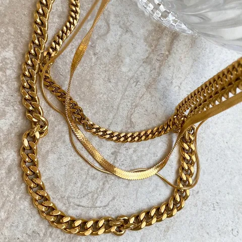 Collier à Maille Gourmette en Acier Inoxydable Plaqué Or 18K pour Femmes Hommes Chaîne Serpent Multi-rangs Bijoux de Mode Cadeau