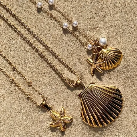 Collana Pendente Stella Marina Conchiglia Acciaio Inossidabile Placcato Oro Perla Artificial Pietra Estate Spiaggia Vacanze Gioielli Donne