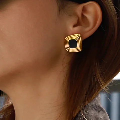 Pendientes De Botón Cuadrados Acero Inoxidable Esmalte Negro Geométrico Vintage Joyería Minimalista Mujer