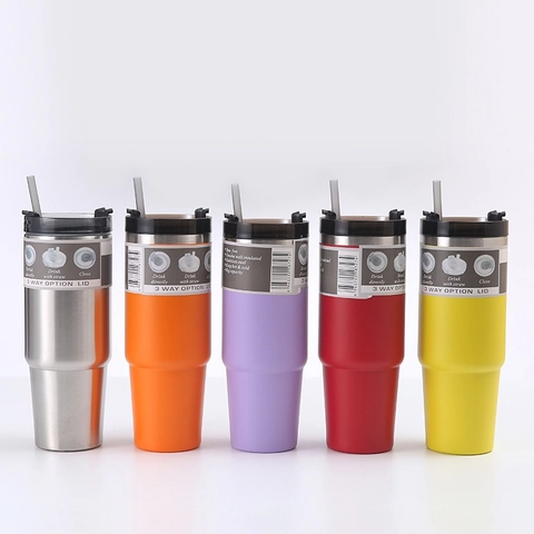 Vacuum Insulated Tumbler 304 Stainless Steel Double Wall Travel Mug With Straw And Three Way Lid For Car Office Outdoor