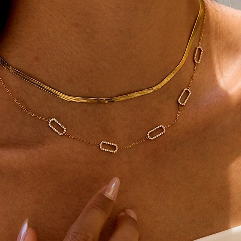 Stainless Steel Double Layered Necklace With Rhinestone Rectangular Pendants And Snake Chain Gold Plated Fashion Jewelry For Women