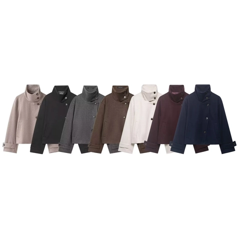 Women Short Woolen Jacket Stand Collar Asymmetric Button Solid Color Long Sleeve Casual Autumn Winter Coat