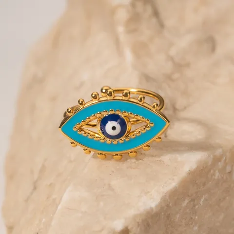Evil Eye Ring 18K Vergoldet Edelstahl Blau Emaille Verstellbarer Offener Ring Exotischer Schmuck Für Damen