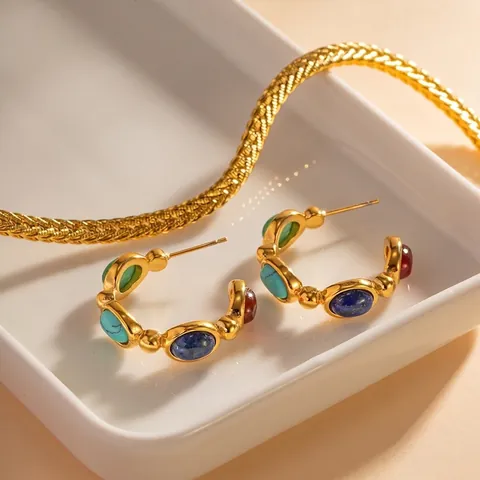 Vintage 18K Gold Plated Stainless Steel C-Shape Hoop Earrings Multicolor Natural Stone Inlaid Statement Earrings For Women Jewelry