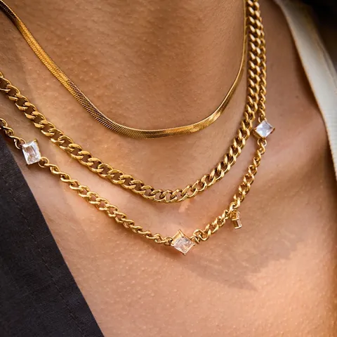 Zirkonia Anhänger Halskette Edelstahl 18K Vergoldet Panzerkette Schlangenkette Mehrlagiger Modeschmuck Für Damen