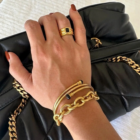 Pulsera De Acero Inoxidable Bañada En Oro De 18K Impermeable Para Mujer Cadena Cubana Perla De Agua Dulce Piedra Negra