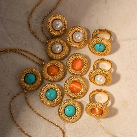 Französisch Elegante Vintage Edelstahl Ohrstecker Für Damen Gehämmerte Gold Runde Scheibe Künstliche Perle Strass Ohrringe