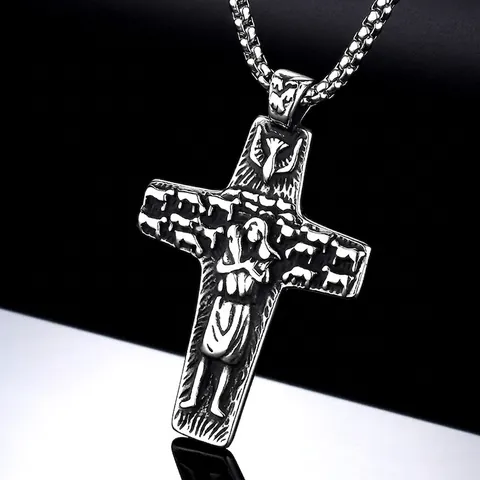 Collier Pendentif Croix Acier Inoxydable Relief Religieux Berger Mouton Colombe Bijoux Punk Vintage Pour Homme