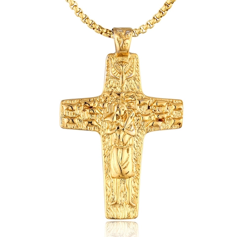 Collier Pendentif Croix Acier Inoxydable Relief Religieux Berger Mouton Colombe Bijoux Punk Vintage Pour Homme