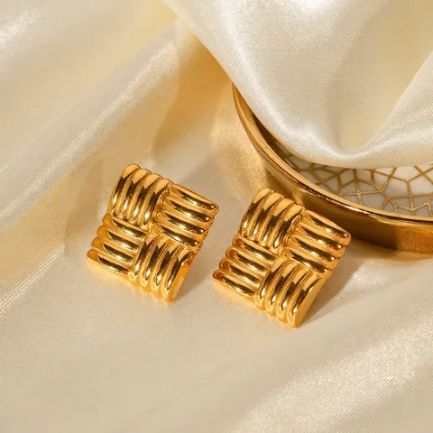 Vintage Stainless Steel Square Stud Earrings For Women 18K Gold Plated Woven Texture Geometric Minimalist Fashion Jewelry