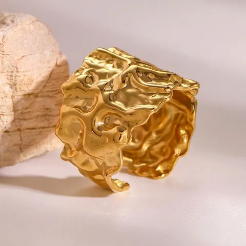 Unregelmäßiger Lava Hammerschlag Textur Ring Breites Band Edelstahl Vergoldet Verstellbar Offen Geometrisch Chunky Für Frauen