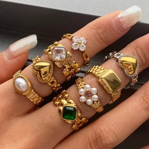 Stainless Steel Ring Watchband Chain Design Heart Flower Clover Zircon Artificial Pearl Inlaid Water Resistant Retro Fashion Women