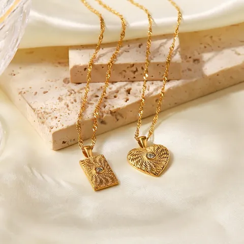Collier En Acier Inoxydable Plaqué Or Avec Pendentif Cœur Texture Géométrique Pour Femmes Bijoux De Mode Vintage Zirconia