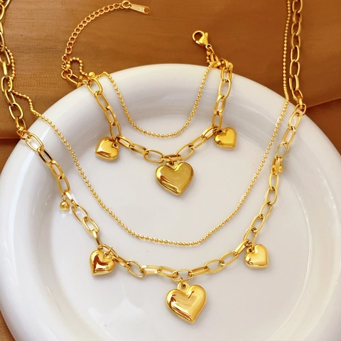 Elegant Heart Pendant Necklace And Bracelet Double Layer Stainless Steel Gold Plated Jewelry For Women