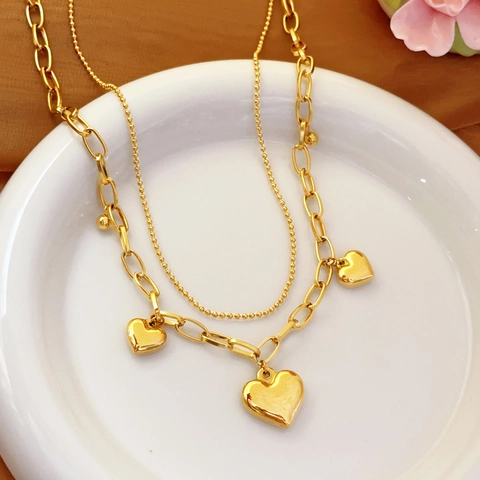 Elegant Heart Pendant Necklace And Bracelet Double Layer Stainless Steel Gold Plated Jewelry For Women