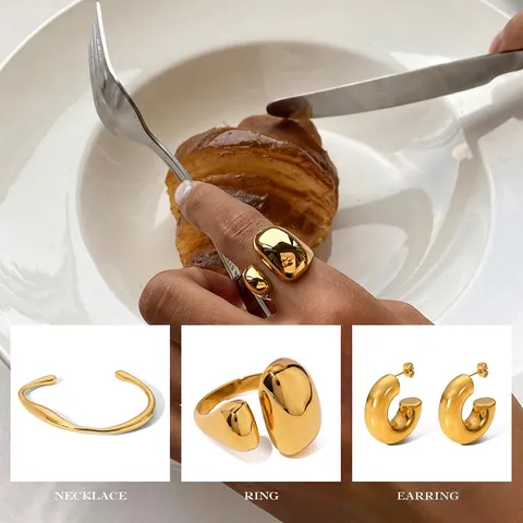 Joyas Acero Inoxidable Oro 18K Pendientes Geometricos Anillo Brazalete Abierto Impermeable Hipoalergenico Para Mujeres