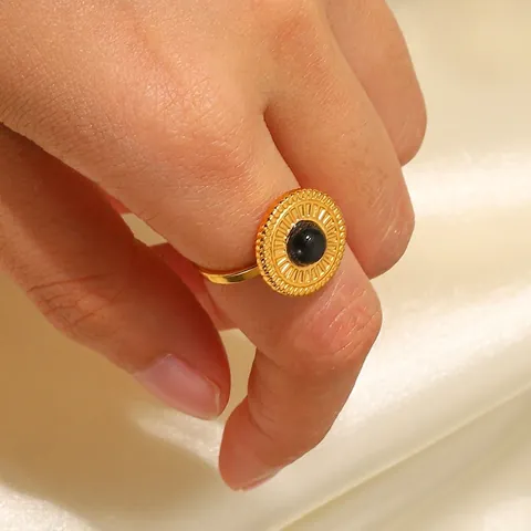 Anello In Acciaio Inossidabile Con Pietra Rotonda Nera Disco Solare Vintage Gioielli Aperti Regolabili Per Donne