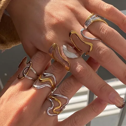 Irregular Wave Rings Stainless Steel Dual Tone Gold Silver Waterproof Hypoallergenic Modern Geometric Minimalist Women