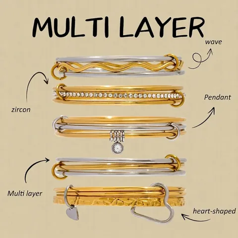 Stainless Steel Stacking Bracelets For Women Zircon Multi Layer Bangle Waterproof Hypoallergenic Heart Pendant Fashion Jewelry