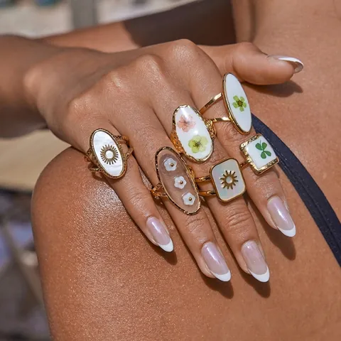 Vintage Böhmisch Edelstahl Verstellbarer Ring Für Damen Gold Galvanisiert Trockenblume Sonne Kleeblatt Muster Mode Schmuck Geschenk