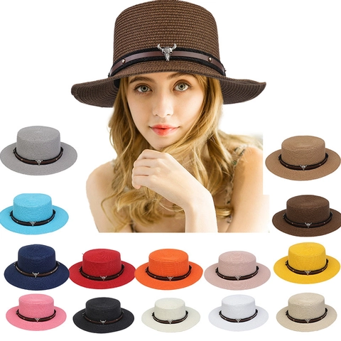 Cappello Fedora in Paglia a Tesa Larga per Uomo Donna Protezione Solare Estiva con Decoro a Teschio di Mucca Catena di Perle